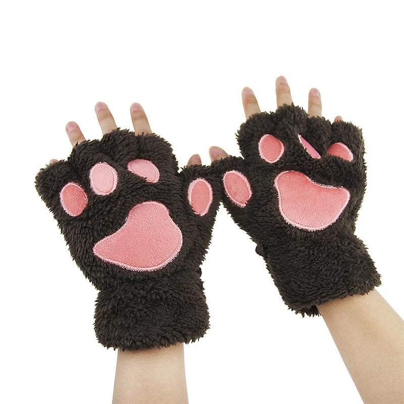 Ylucky Girls Cartoon Bear Claw Gloves Half Finger Paw Gloves Winter Warm Plush Faux Fur Mittens Hand Wear - Image 2